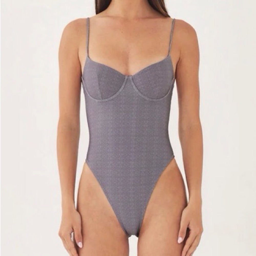 DE ROCOCO 2 Gray Logo Print High Rise Bloody Mary Bustier One Piece Swimsuit NWT